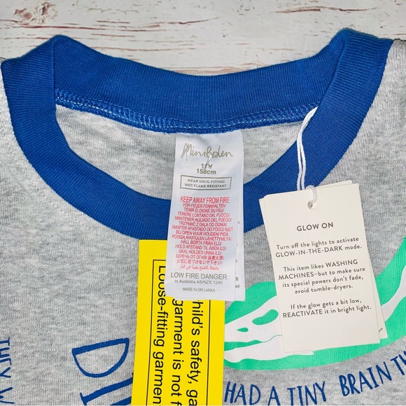 New Mini Boden Gray Dinosaur Glow in the dark 2 Piece Pajama Sleepwear Set 13Y - Picture 3 of 4
